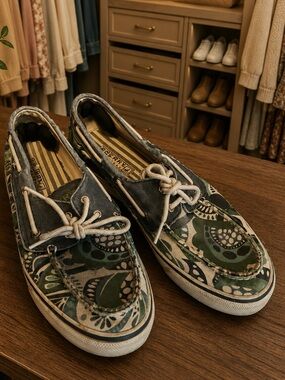 Sperry Green and Blue Patterned Canvas Boat Shoes